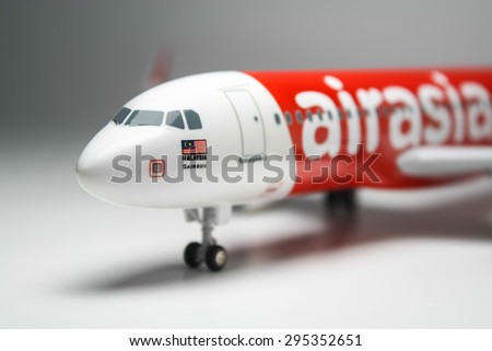 Selangor, Malaysia - July 11th, 2015: An AirAsia Airbus Airbus A320 Sharklet plane model in a studio