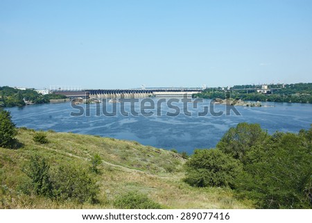 Power Transmission Line. Dnieper hydro power plant. Thermal energy. Factory, power plants and industrial buildings.
