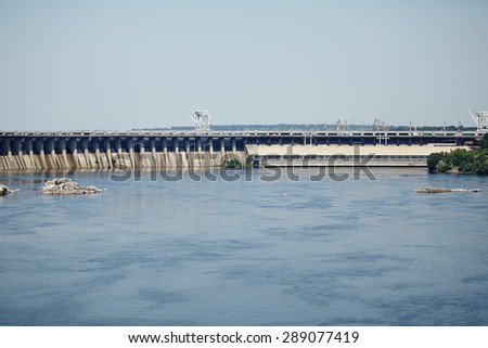 Power Transmission Line. Dnieper hydro power plant. Thermal energy. Factory, power plants and industrial buildings.