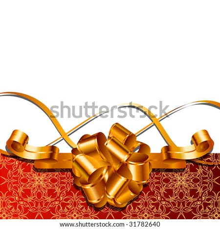 red and white background figure with gold decorative bow