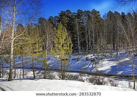 Spring landscape on the small Siberian river. Russia, Siberia, Novosibirsk region, river Razdelnaya, district of the city of Berdsk