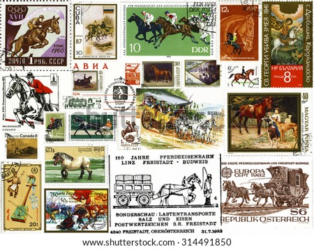 Different countries - before 1990: Collage of stamps issued by different countries on the theme of Horses
