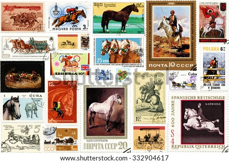 Different countries - 1960 to 2012: A collage of postage stamps of different countries on the theme of horses was published from 1960 to 2012