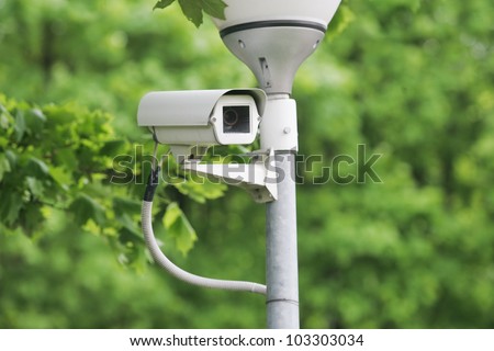 Security surveillance camera near green forest