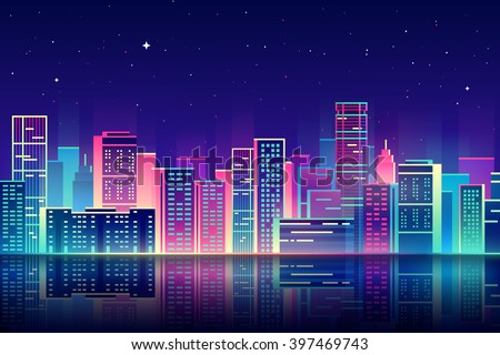 Vector night city illustration with neon glow and vivid colors.