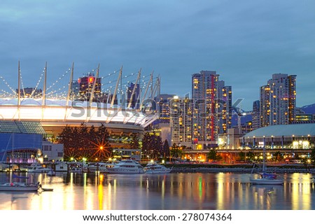 VANCOUVER, CANADA: MAY 1, 2013 : View of the BC Place stadium and the Rogers Arena from False Creek.