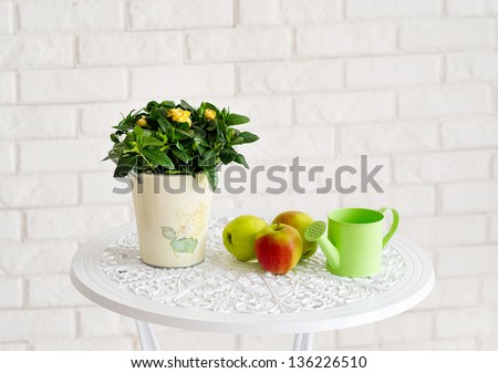 Still life with apples, flowers in the pot and green garden watering can on white table