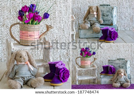 Interior vintage decor details with a handmade toy and purple flowers