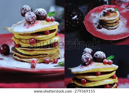 Stack of delicious pancakes with berries, mint and sugar powder