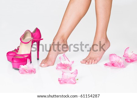 French pedicure, pink flowers and high heels