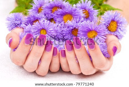 Woman cupped hands with purple manicure holding flowers