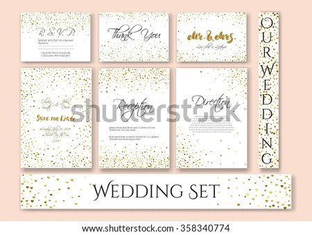 Wedding set cards with the abstract golden confetti backgrounds.
