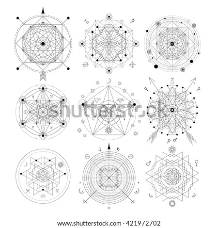 Mystical geometry symbols set. Linear alchemy, occult, philosophical sign. For music album cover, poster, flyer, logo design. Astrology, imagination, creativity, superstition, religion concept.