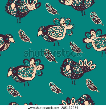 Vector colorful decorative birds seamless pattern with feathers. Hand drawn doodle cute birds seamless.