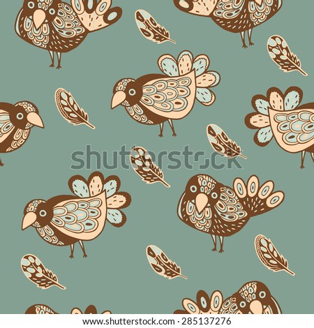 Vector colorful decorative birds seamless pattern with feathers. Hand drawn doodle cute birds seamless.