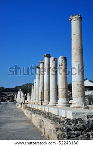 Roman columns lining ancient street in bet she\'an (beth shan), Philistine city conquered by David, lost for 2,000 years, today owned again by Israel, earthquake 749 AD