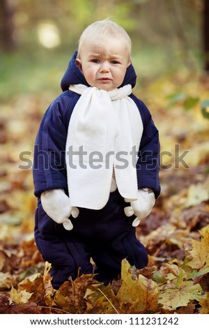 funny little funny boy standing in autumn park
