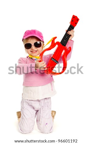 little blond girl playing electric guitar hardcore - stock photo