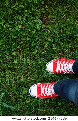 Red sneakers shoes walking on grass plot top view, Canvas shoes walking on grass plot