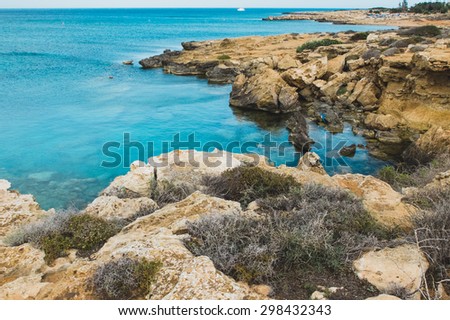 Wonderful rocky beach with dark green and gray tropical vegetation, beautiful clean blue sea, and trees on a background, Protaras in Cyprus