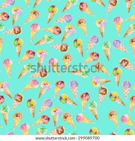 Seamless pattern with bright, tasty and appetizing ice cream painted in watercolor on a turquoise background