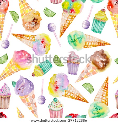 Seamless pattern with bright, tasty and appetizing ice cream and confection painted in watercolor on a white background