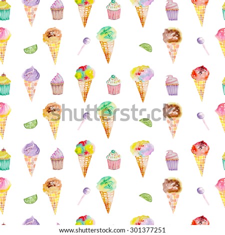 Seamless pattern with bright, tasty and appetizing ice cream and confection painted in watercolor on a white background
