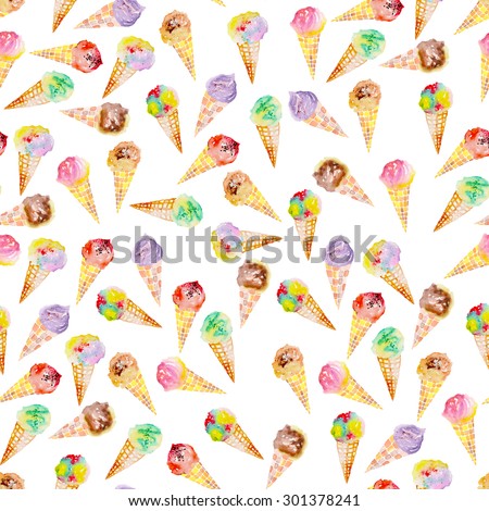 Seamless pattern with bright, tasty and appetizing ice cream painted in watercolor on a white background