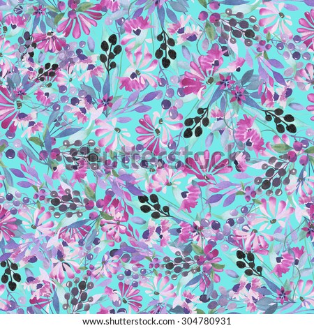 Seamless pattern of purple flowers and berries, blue leaves painted in watercolor on a turquoise background