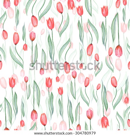 Seamless pattern of red tulips painted in watercolor on a white background