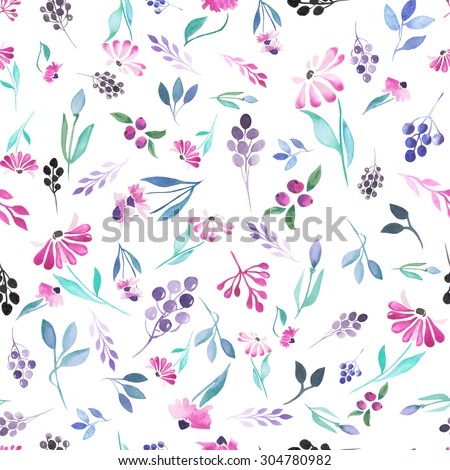 Seamless pattern of purple flowers and berries, blue leaves painted in watercolor on a white background