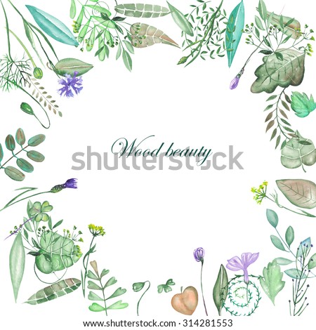 Circle frame, wreath of floral elements, leaves, branches and wildflowers painted in watercolor on a white background, greeting card, decoration postcard or invitation
