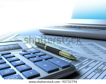 Calculator, computer, pen.