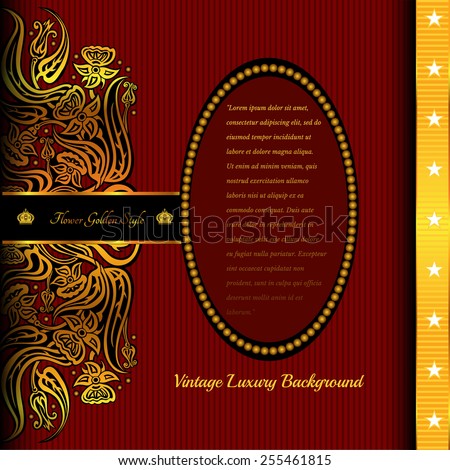 red background with abstract golden flower in left side and vertical gold line with stars in right oval banner middle for your text,card or greeting