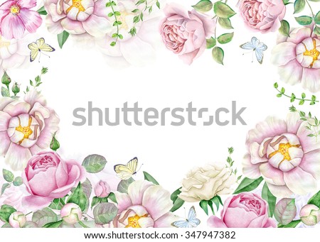 Watercolor floral frame with peonies and roses