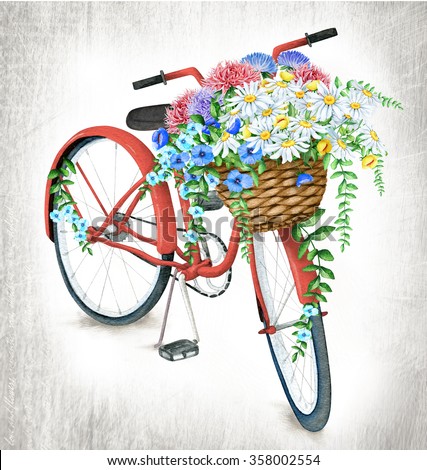 Watercolor Red Bicycle With Beautiful Flower Basket on vintage background