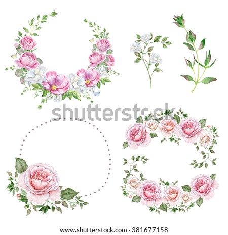 Set of watercolor wreaths with delicate roses and other flowers
