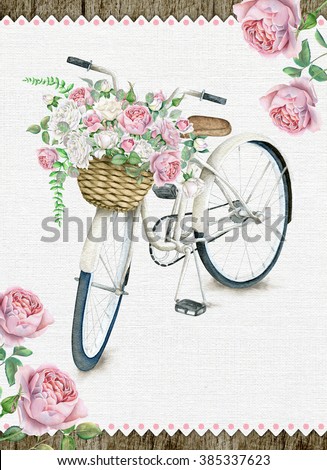 Watercolor White Bicycle With Beautiful Flower Basket. Hand drawn Summer Bike with English Roses. A ready-made start for your greeting cards and other products