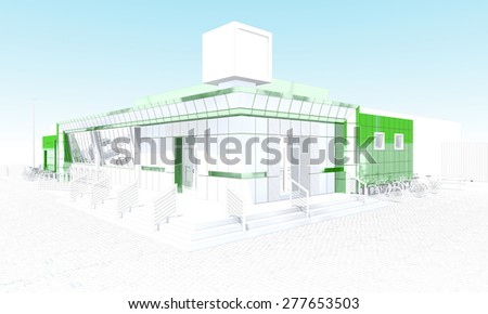 Store building with showcase, billboard and bike parking