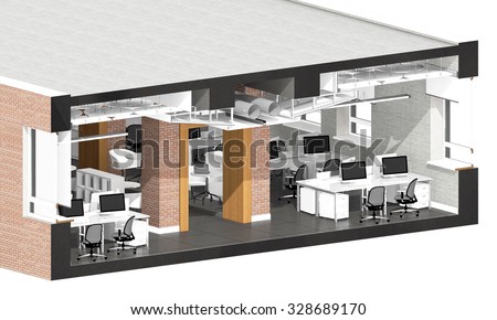 Cross section of the office space. Architectural visualization isolated on white