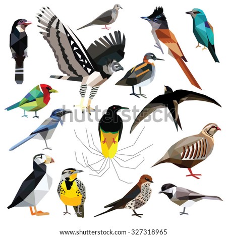 Birds-set colorful birds low poly design isolated on white background.\
Flycatcher,Swift,Broadbill,Roller,Harpy eagle,Puffin,Barbet,Partridge,Phalarope,Tit,Dove,Swallow,Bird of paradise,Meadowlark,Jay
