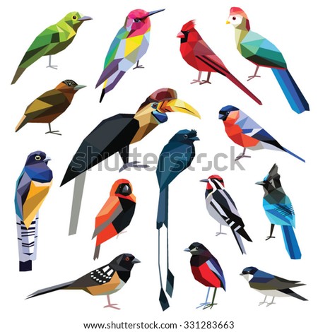 Birds-set colorful birds low poly design isolated on white background.\
Hummingbird,Pitta,Finch,Leafbird,Drongo,Martin,Hornbill,Cardinal,Turaco,Sapsucker,Piculet,Towhee,Jay,Weaver,Trogon.