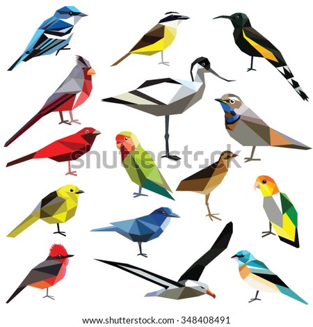 Birds set colorful low poly designs isolated on white background.
