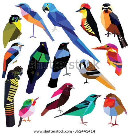 Birds-set colorful birds low poly design isolated on white background
Bluebird,Reedling,Honeycreeper,Falconet,Tody,Macaw,Jay,Cotinga,Cockatoo,Robin,Kingfisher,Asity,Broadbill,Paradise bird,Woodpecker