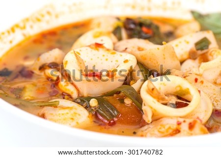 Thailand Food,  Tom Yum squid in white bowl