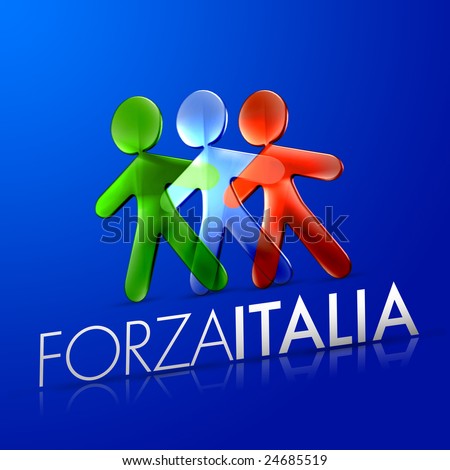 3d ilustrated men representing the italian flag with the phrase forza italia on a modern font over an intense blue background.