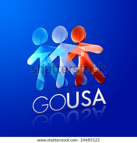 3d ilustrated men representing the american flag with the phrase go usa on a modern font over an intense blue background.