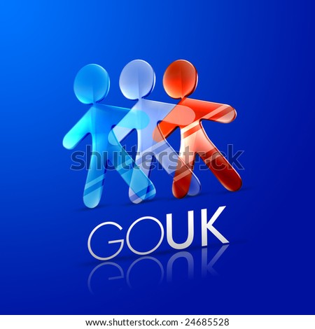 3d ilustrated men representing the UK flag with the phrase go UK on a modern font over an intense blue background.