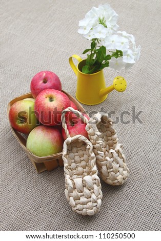 Composition with decorative sandals made of bark, apples and bouquet of phloxes