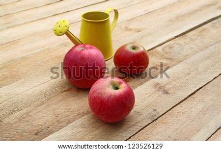 Three fruit of apple-tree and yellow watering-can on a wooden surface